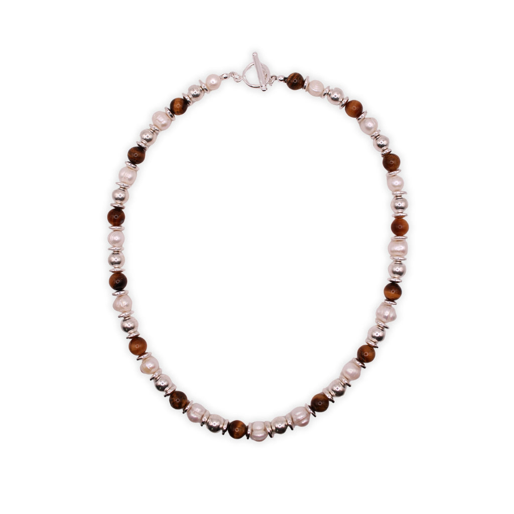 Grounded Grace - Tiger's Eye, Hematite & Pearl Necklace