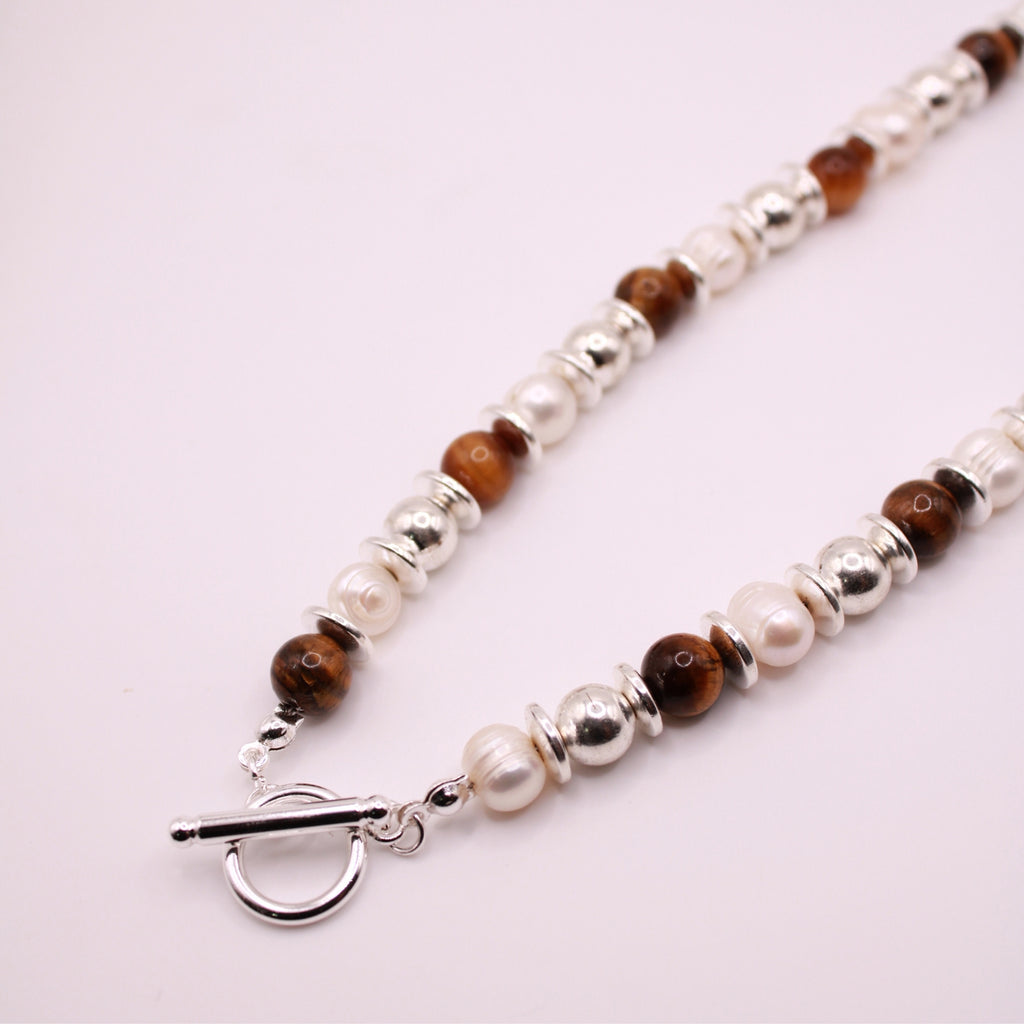 Grounded Grace - Tiger's Eye, Hematite & Pearl Necklace