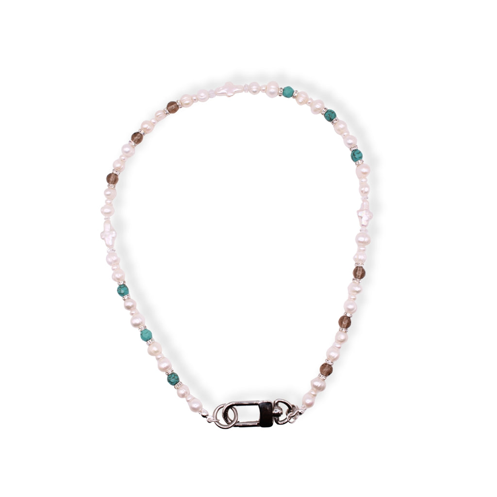 Ghost Pearl Necklace w/ Turquoise & Smoky Quartz