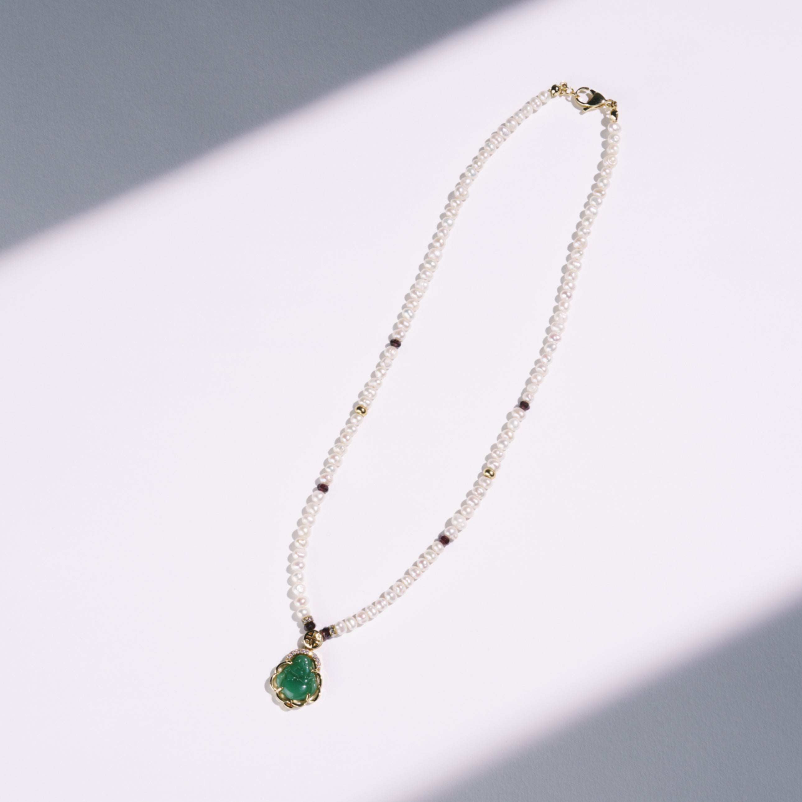 Casa Pearl & Garnet Necklace w/ Jade Buddha