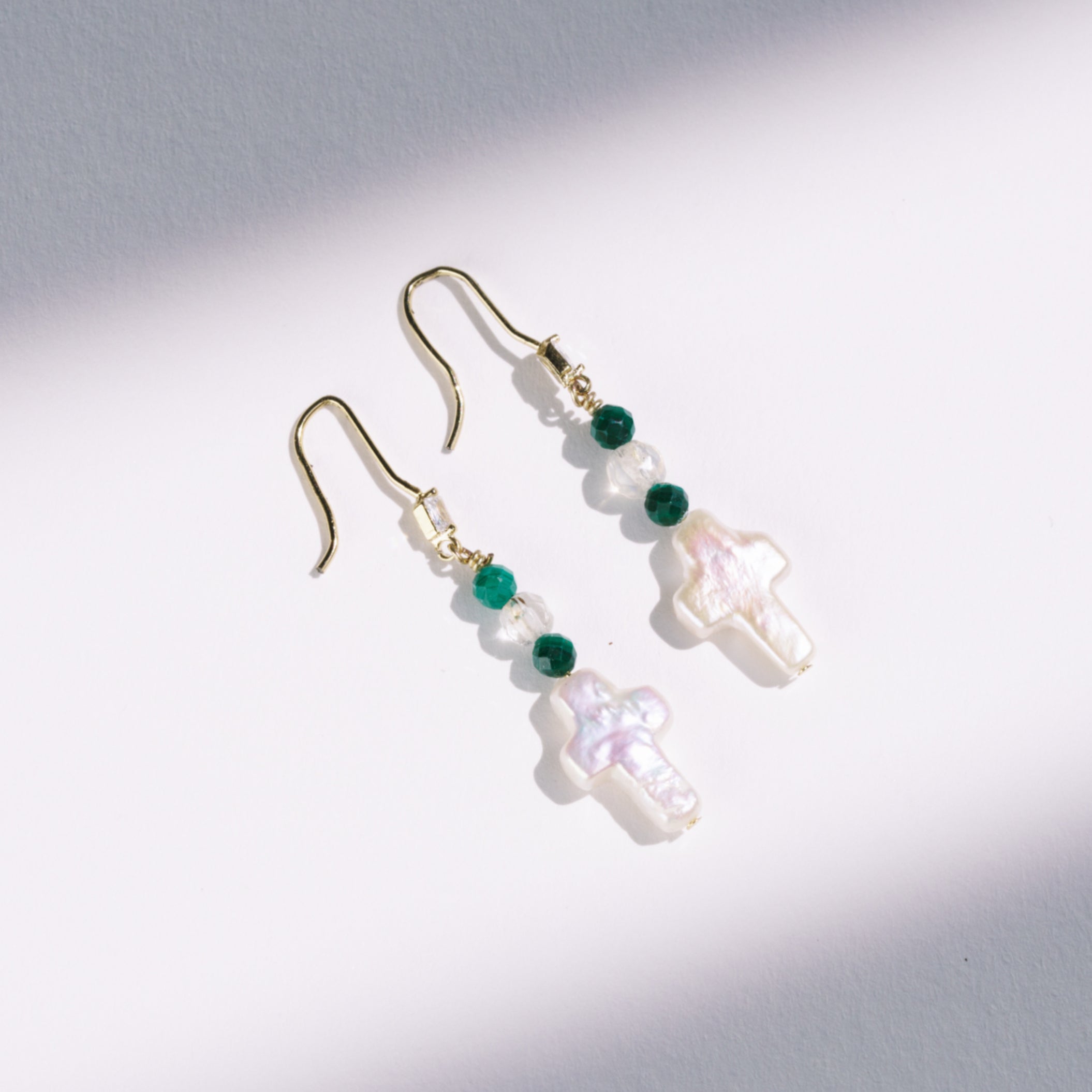 Pearl Cross Earrings w/ Malachite